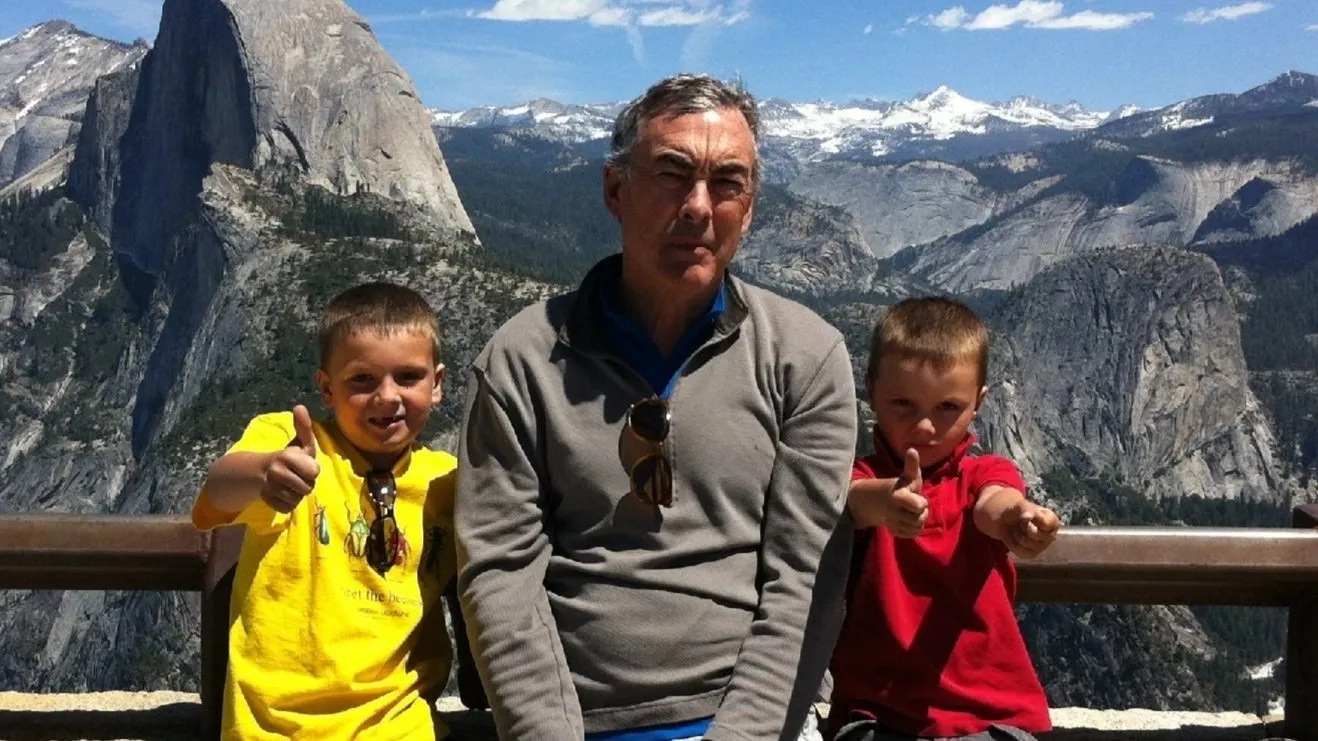 Tom Van Overbeek with his grandchildren at Glacier Point in Yosemite